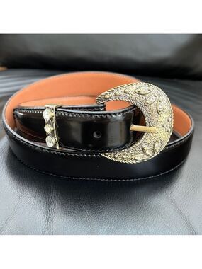 LUISACCHI Belt Black Genuine Leather Brass Tone Buckle Rhinestones Western XXL